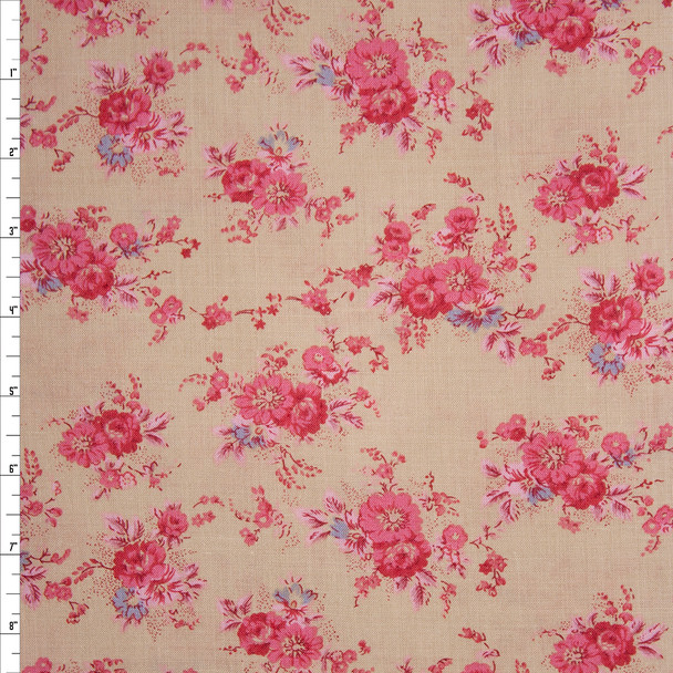 Hot Pink Antique Floral on Tan Light Midweight Linen Fabric By The Yard