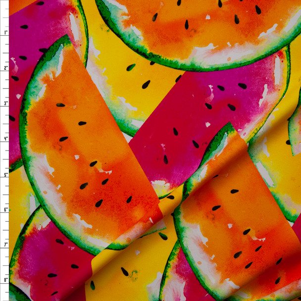 Orange, Pink, and Yellow Tossed Watermelons Premium 5.8oz Nylon/Spandex Fabric By The Yard