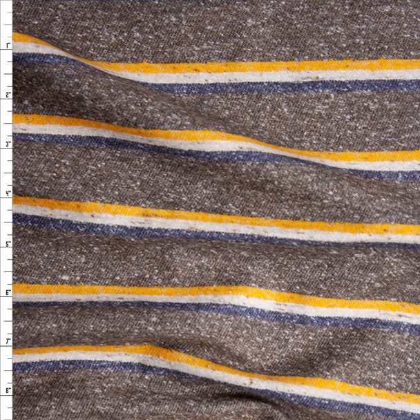 Brown Heather with Yellow, White, and Blue Horizontal Stripes Slubbed Midweight Flannel from ‘Brooks Brothers’ Fabric By The Yard