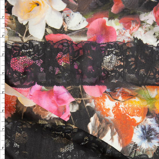 Black Lace on Spring Garden Floral Chiffon Fabric By The Yard