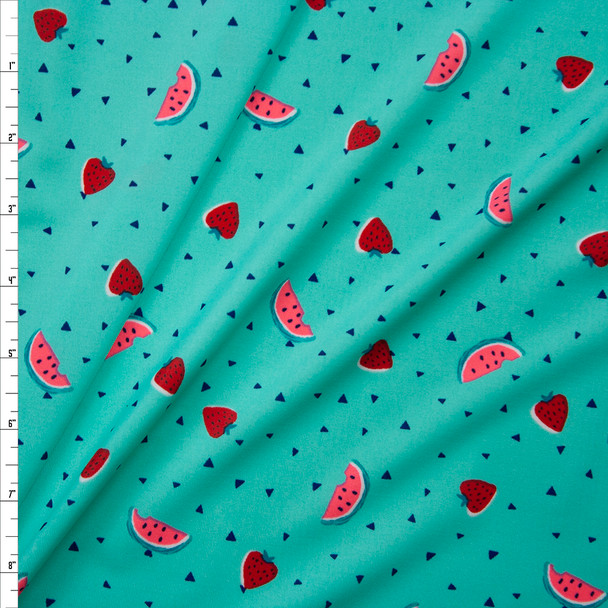 Watermelons and Strawberries on Bright Mint Green Stretch Nylon/Lycra Knit Fabric By The Yard