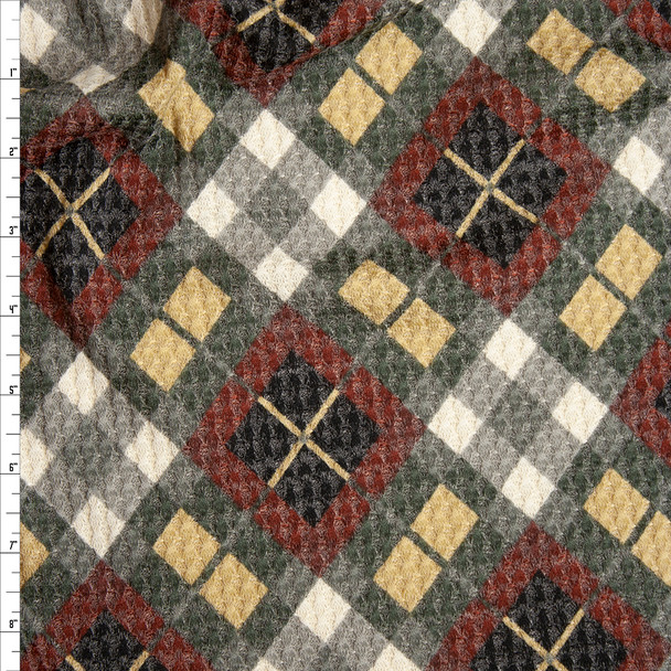 Grey, Burgundy, Tan, and White Diagonal Plaid Soft Waffle Sweater Knit Fabric By The Yard