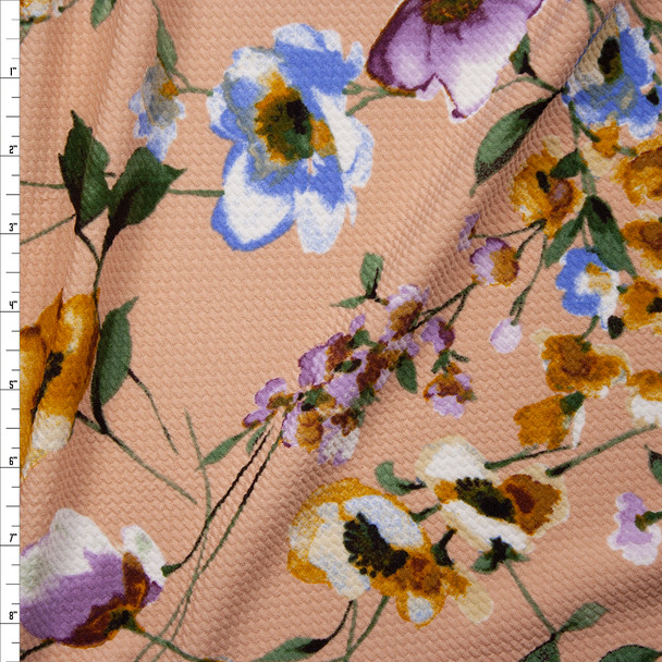 Lilac, Gold, and Light Blue Floral on Tan Bullet Liverpool Knit Fabric By The Yard