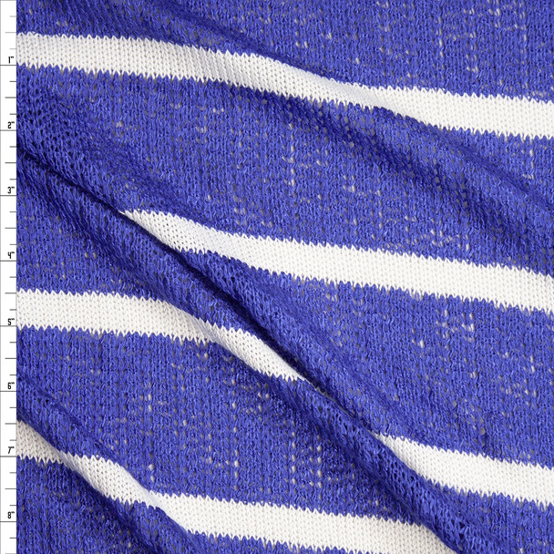 White on Blue Horizontal Stripe Loose Weave Sweater Knit Fabric By The Yard