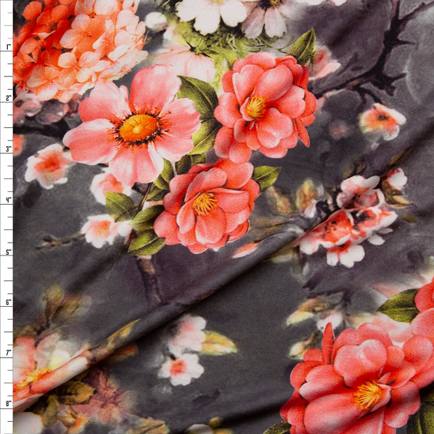 Vibrant Pink Floral on Charcoal Tie Dye Double Brushed Poly Spandex Knit Fabric By The Yard