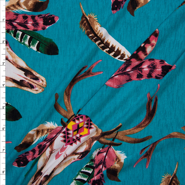 Deer Skulls on Bright Teal Stretch Poly Knit Fabric By The Yard