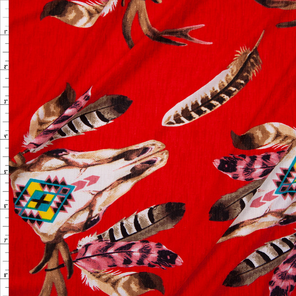 Deer Skulls on Bright Red Stretch Poly Knit Fabric By The Yard