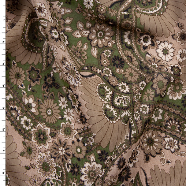 Olive, Tan, Brown, and Black Floral Paisley Print Cotton Voile Fabric By The Yard