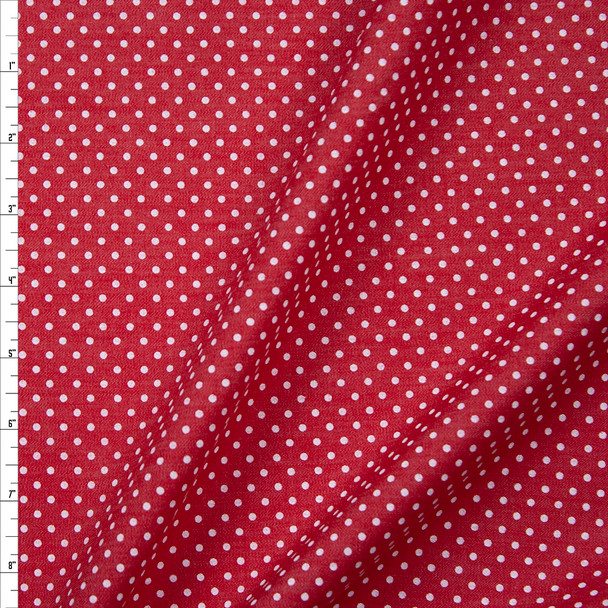 White on Red Polka Dots Cotton Chambray Fabric By The Yard