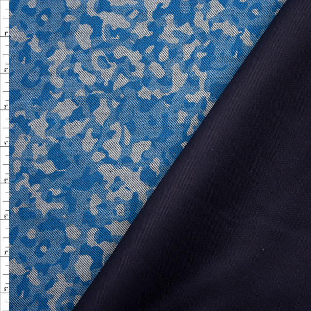 Mottled Blue and Solid Navy Reversible Designer Stretch Denim Fabric By The Yard