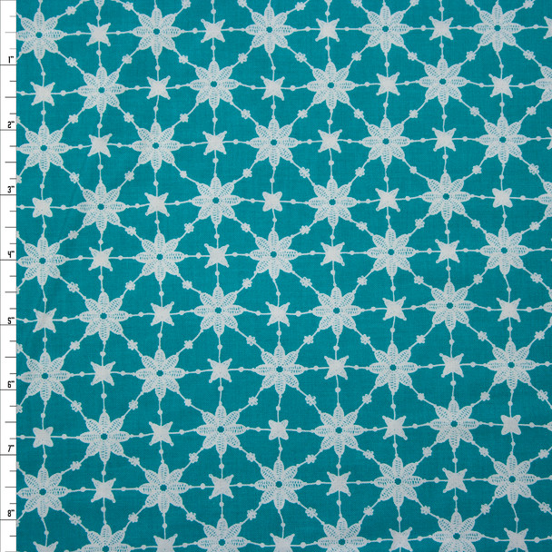 Flower Power Embroidery Aqua Cotton Print by Patrick Lose Fabric By The Yard