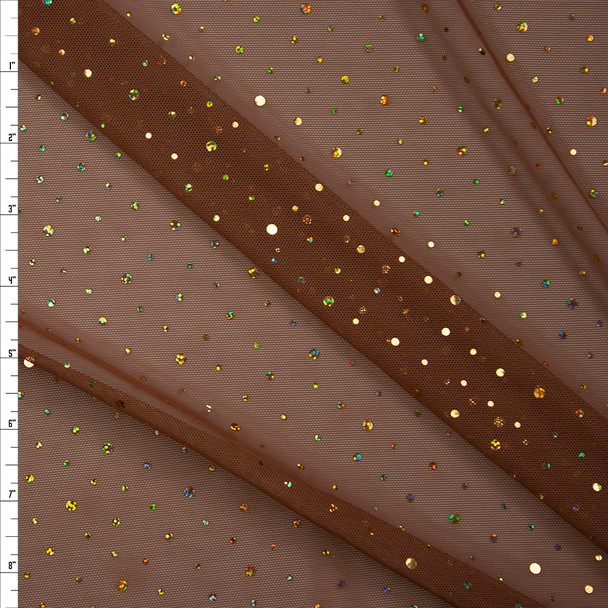 Gold Holographic Sequin on Brown Power Mesh Fabric By The Yard