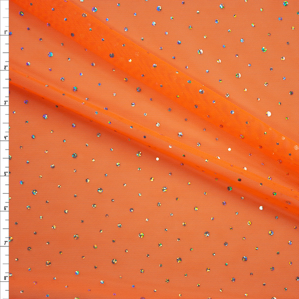 Silver Holographic Sequin on Neon Orange Power Mesh Fabric By The Yard