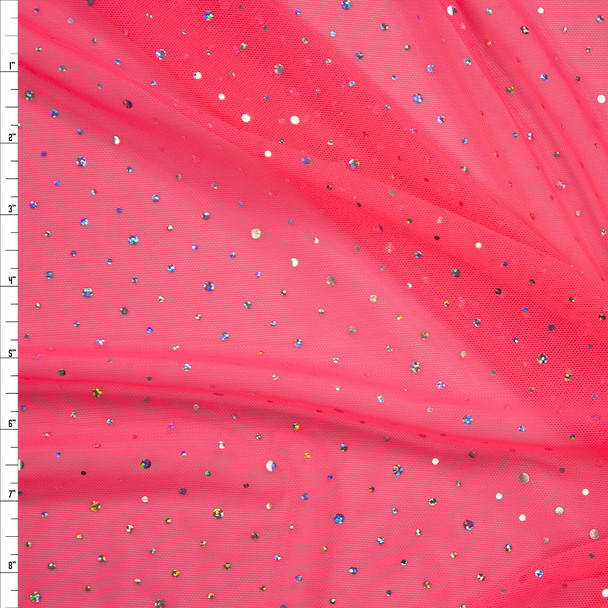 Silver Holographic Sequin on Neon Pink Power Mesh Fabric By The Yard