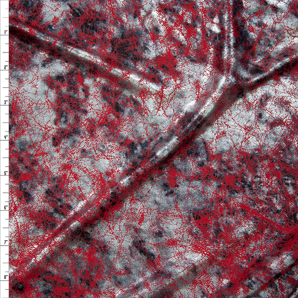 Silver and Black Grunge on Red Metallic Spandex Knit Fabric By The Yard