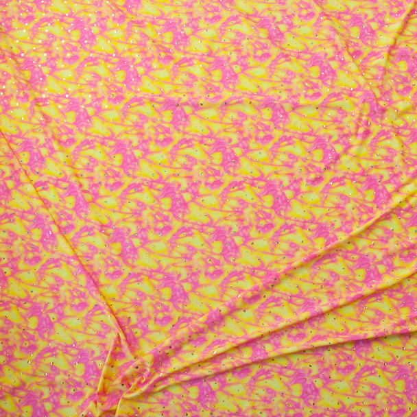 Cali Fabrics Holographic Gold Sequins on Yellow and Neon Pink Tie Dye