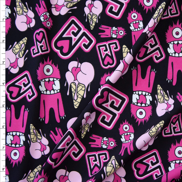 Monsters, Ice Cream, and Hearts on Black Stretch Knit Fabric By The Yard