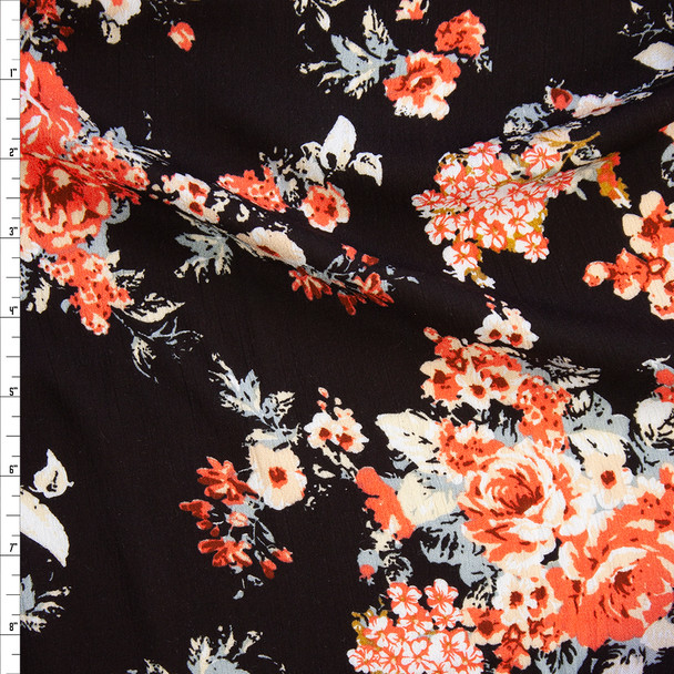 Red Orange, Ivory, and Grey Roses on Black Rayon Gauze Fabric By The Yard