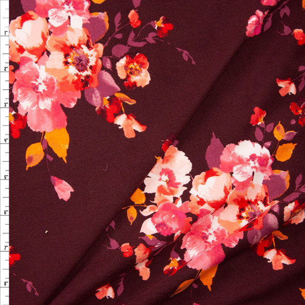 Pink and Orange Floral Clusters on Wine Double Brushed Poly/Spandex Fabric By The Yard