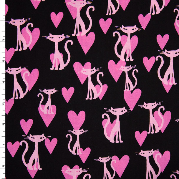 Pink Cats and Hearts on Black 60 Wide Quilter’s Cotton Fabric By The Yard