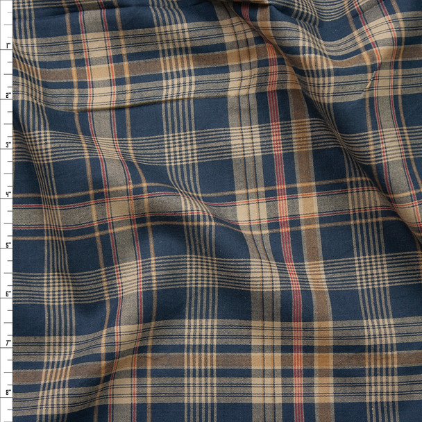 Navy, Tan, and Red Plaid Cotton Shirting Fabric By The Yard