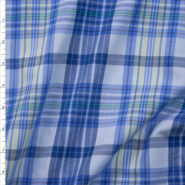 Light Blue and Yellow Plaid Fine Cotton Shirting Fabric By The Yard