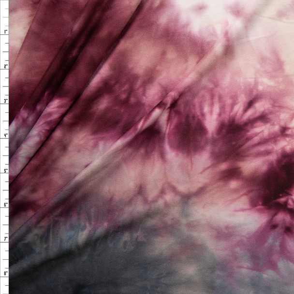 Wine, Grey, and Ivory Tie Dye Double Brushed Poly Spandex Knit Fabric By The Yard