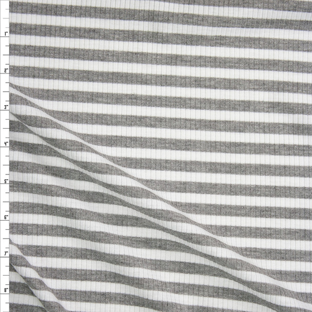 Grey and White Horizontal Stripe Midweight Rib Knit Fabric By The Yard