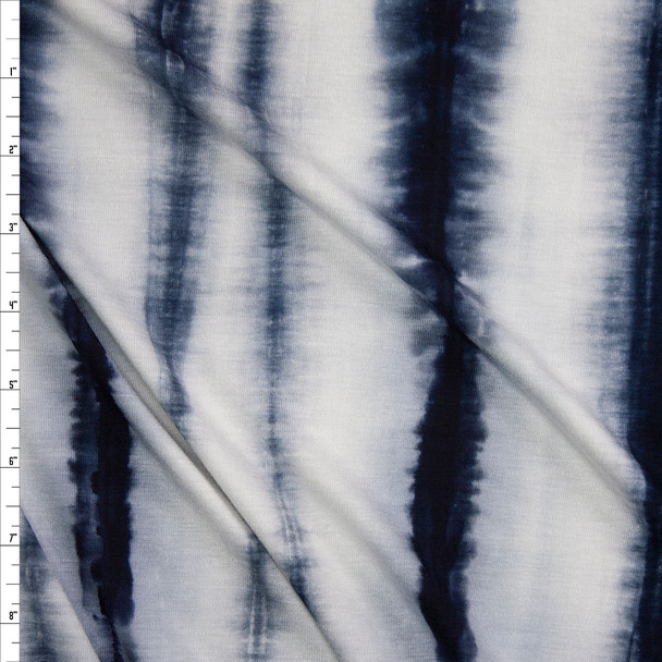 Navy and White Streaked Tie Dye Stretch Rayon Jersey Knit Fabric By The Yard