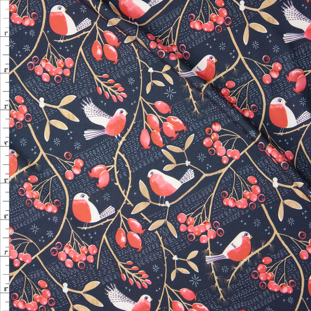 Robins and Vines on Charcoal Designer Double Brushed Poly from Marketa Stengl Fabric By The Yard