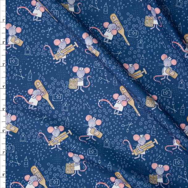 Nurse Mice on Teal Designer Double Brushed Poly from Marketa Stengl Fabric By The Yard