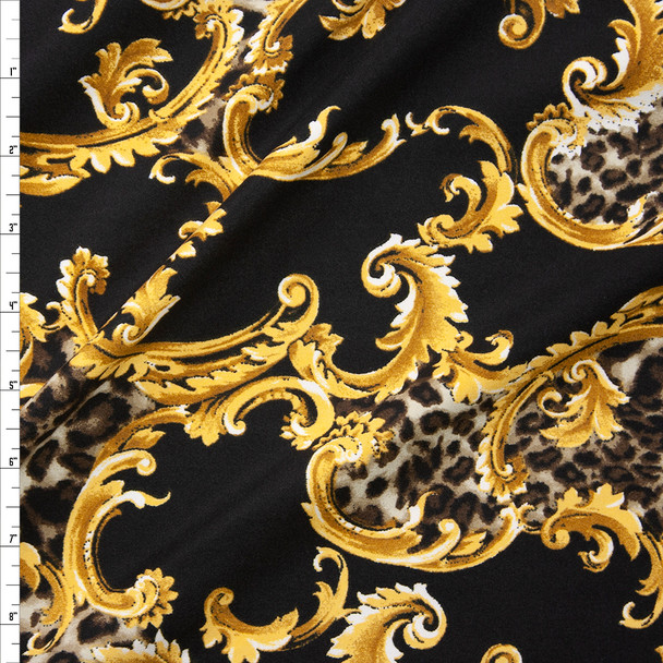 Cheetah and Gold Scrollwork on Black Double Bushed Poly/Spandex Fabric By The Yard