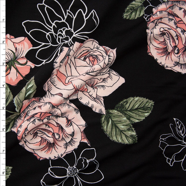 Pink and Sage Rose Floral on Black Double Bushed Poly/Spandex Fabric By The Yard