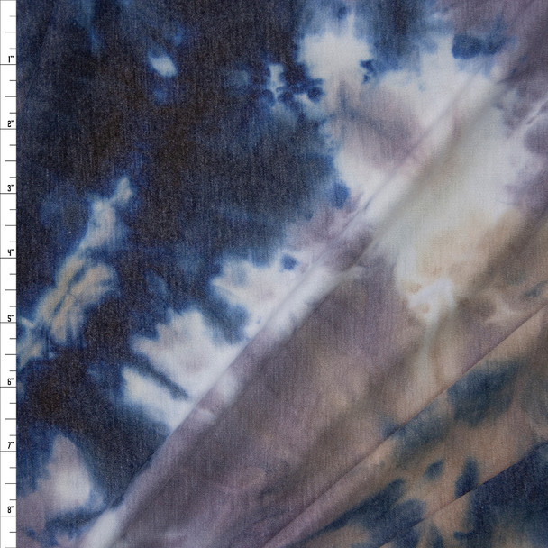 Navy, Dusty Lilac, and Tan Tie Dye Rayon French Terry Fabric By The Yard