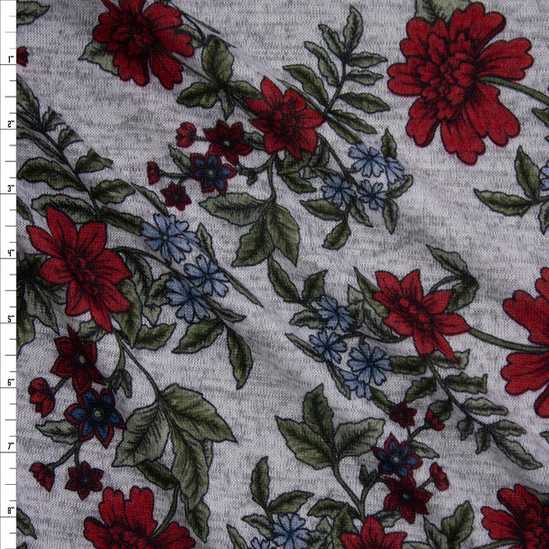 Burgundy, Sage, and Blue Floral on Heather Grey Brushed Hacci Knit Fabric By The Yard
