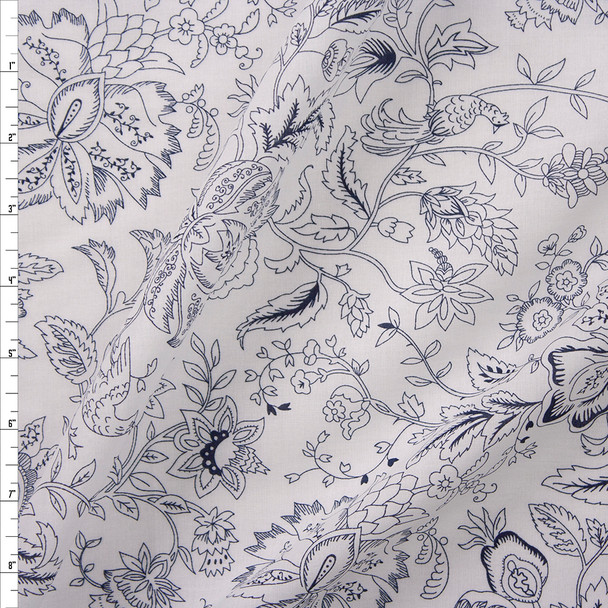 Navy on White Delicate Floral Cotton Lawn Fabric By The Yard