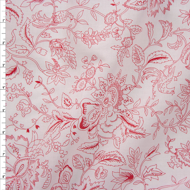 Red on White Delicate Floral Cotton Lawn Fabric By The Yard