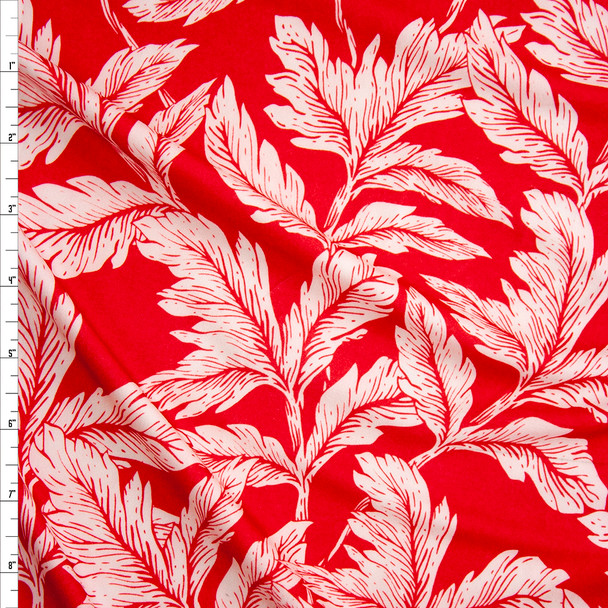 White Leafy Branches on Bright Red Double Brushed Poly/Spandex Knit Fabric By The Yard