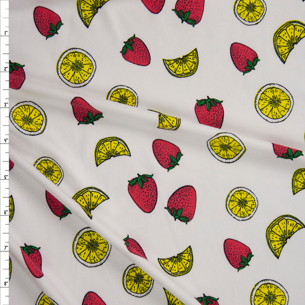 Strawberries and Lemon Slices on Warm White Double Brushed Poly/Spandex Knit Fabric By The Yard