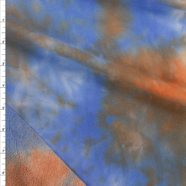 Orange, Tan, and Blue Tie Dye Cotton French Terry Fabric By The Yard