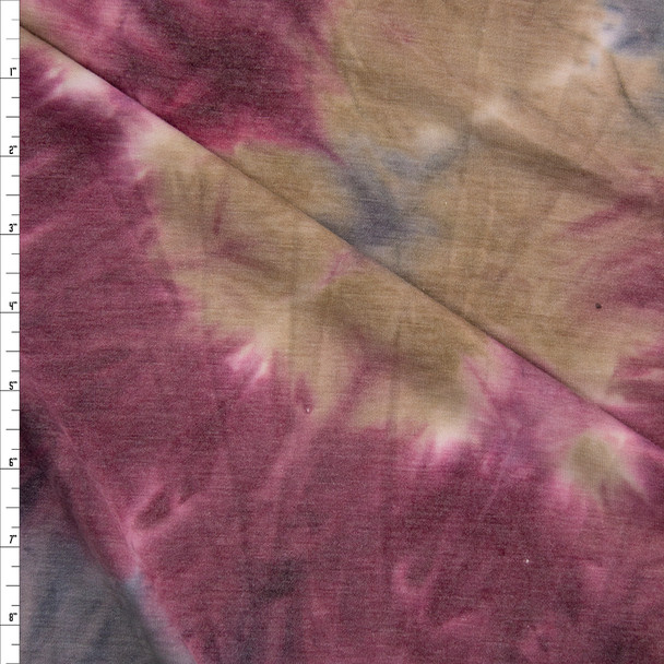 Wine, Tan, and Grey Te Dye Rayon French Terry Fabric By The Yard