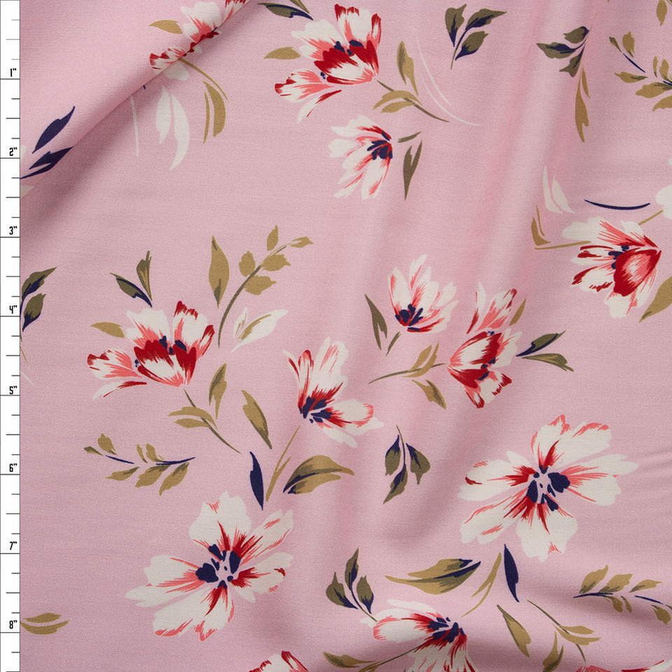 Cali Fabrics Wine, Pink, Tan, and Blue Rose Floral on Offwhite Rayon ...