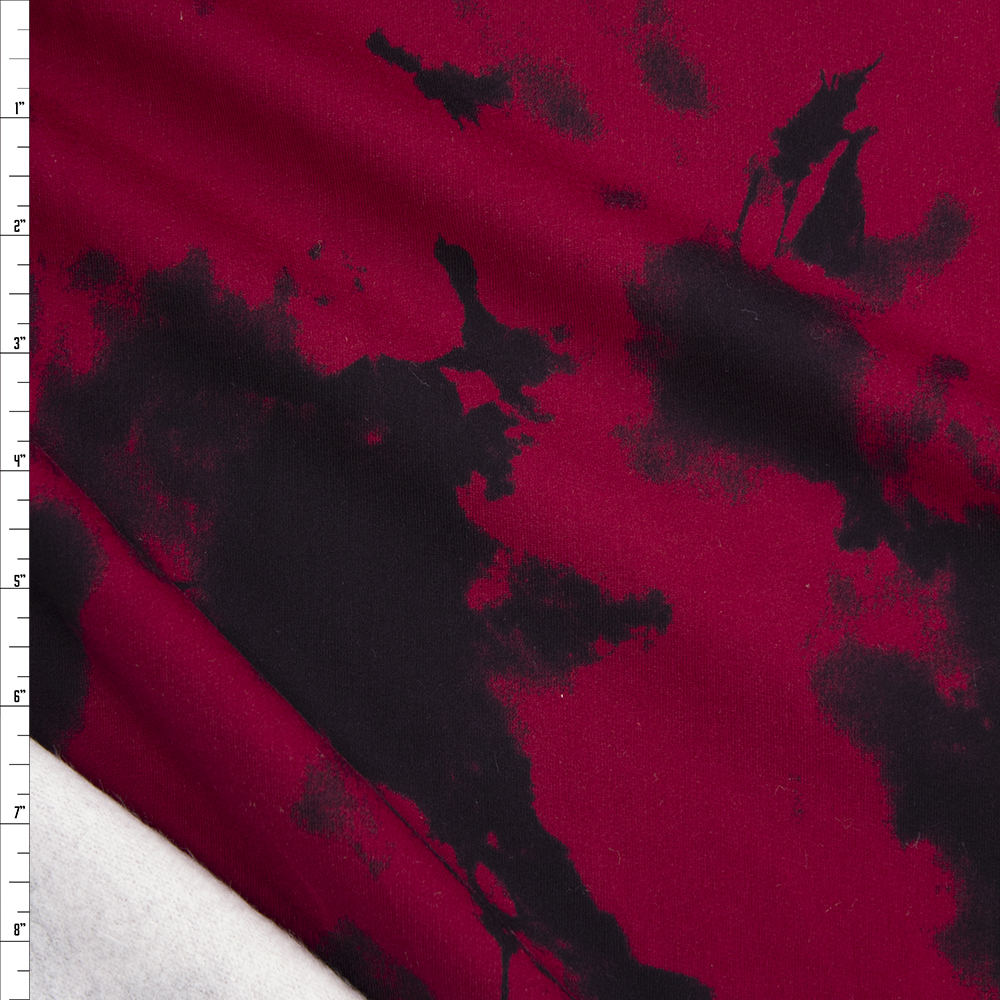 Deep Red and Black Tie Dye Midweight Sweatshirt Fleece Fabric By The Yard