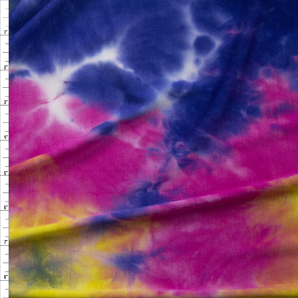 Hot Pink, Royal, and Bright Yellow Tie Dye Stretch Rayon Jersey Fabric By The Yard