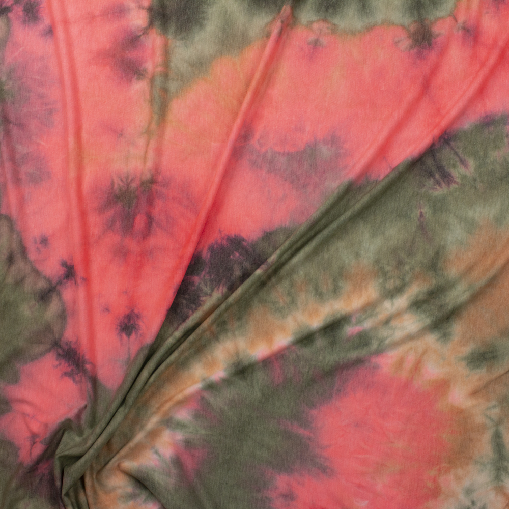 Olive and Neon Coral Tie Dye Rayon French Rerry Fabric By The Yard - Wide shot