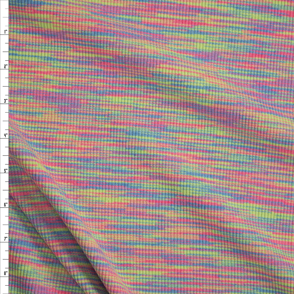 Neon Pink, Orange, Yellow, and Blue Space Dye Rib Knit Fabric By The Yard