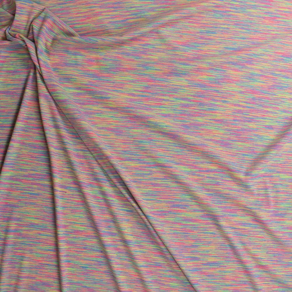 Neon Pink, Orange, Yellow, and Blue Space Dye Rib Knit Fabric By The Yard - Wide shot