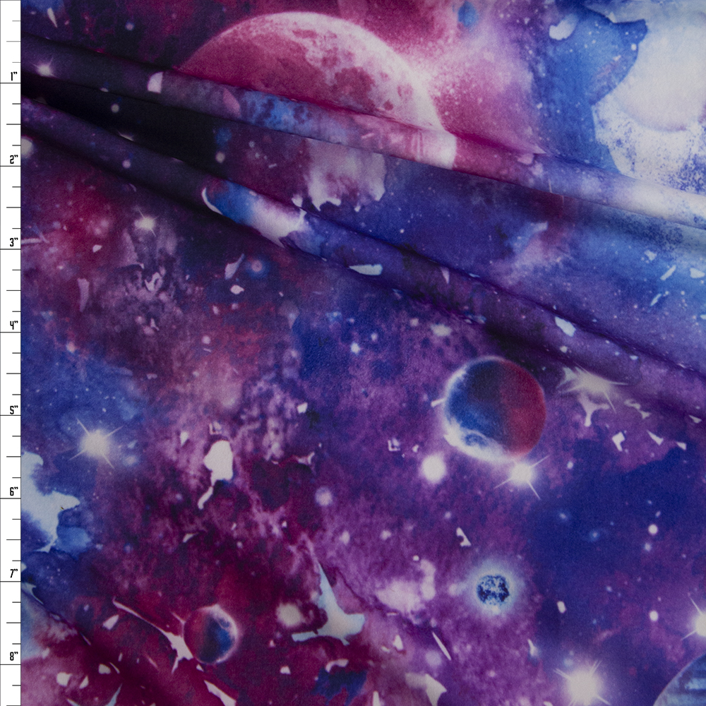 Plum, Hot Pink, and Blue Cosmos Double Brushed Poly/Spandex Fabric By The Yard
