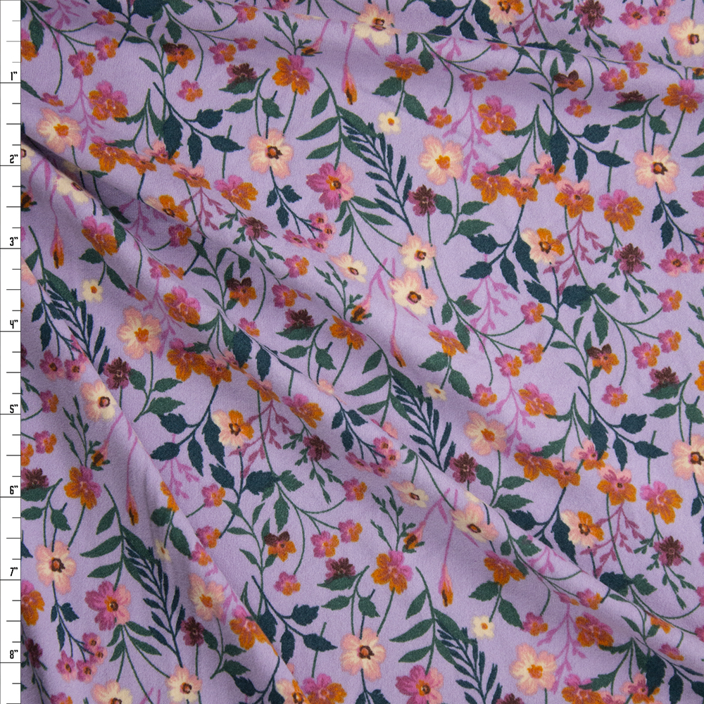 Orange, Pink, and Emerald Small Floral on Lavender Double Brushed Poly/Spandex Fabric By The Yard
