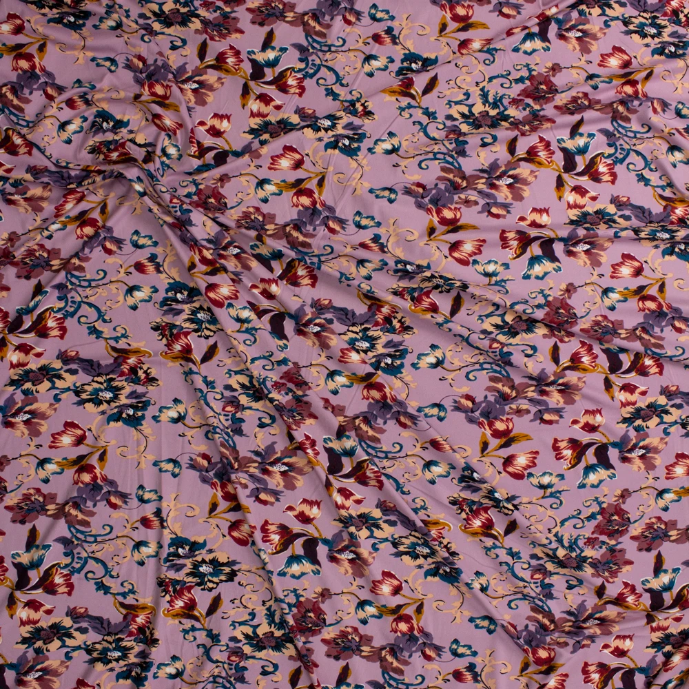 Burgundy, Navy, and Tan Scrolling Floral on Lilac Double Brushed Poly/Spandex Fabric By The Yard - Wide shot